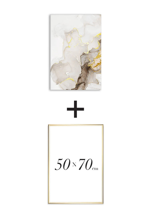 Poster Beige Brown Paint Left Real Gold + Gold Metallic Frame 50x70cm